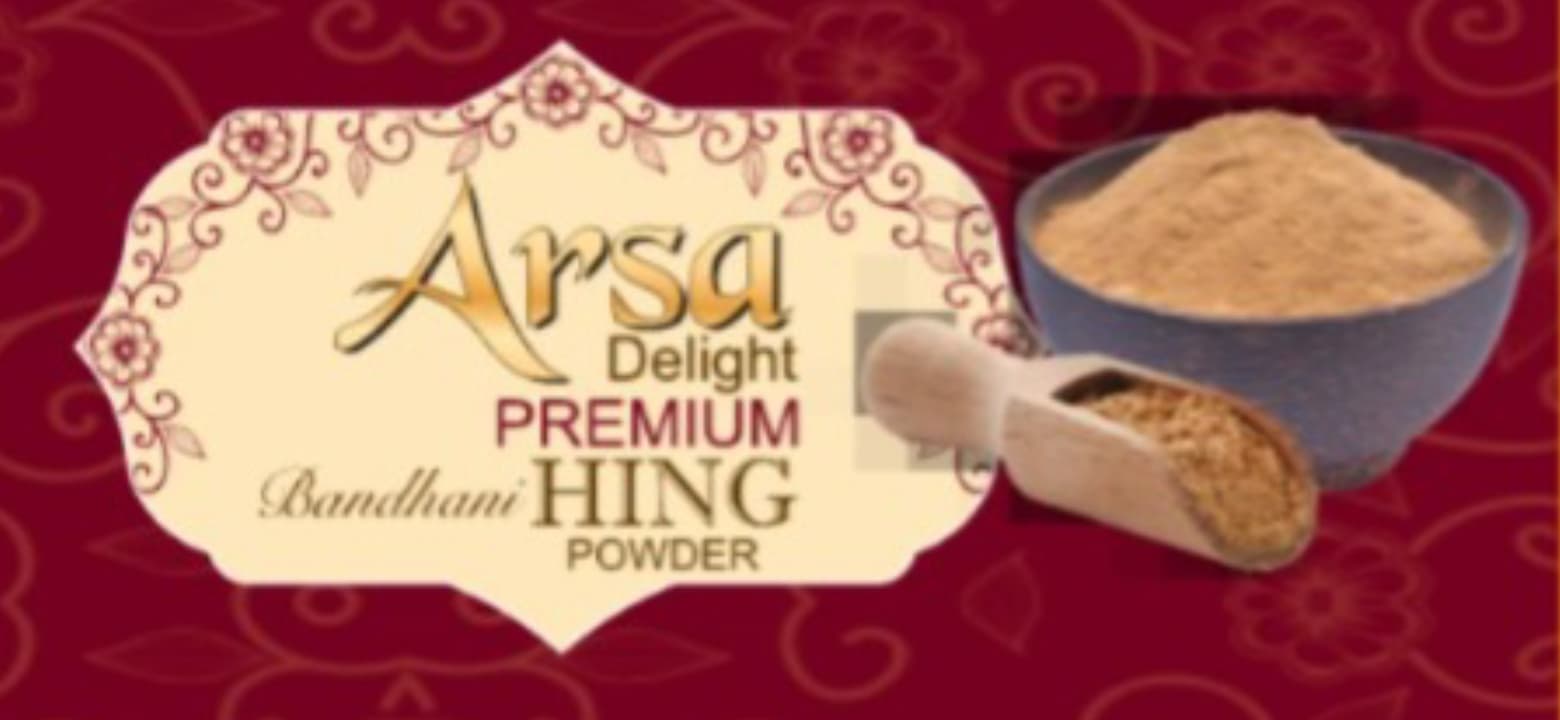 Arsa Delight Premium Bandhani Hing with Hing powder and a serving spoon